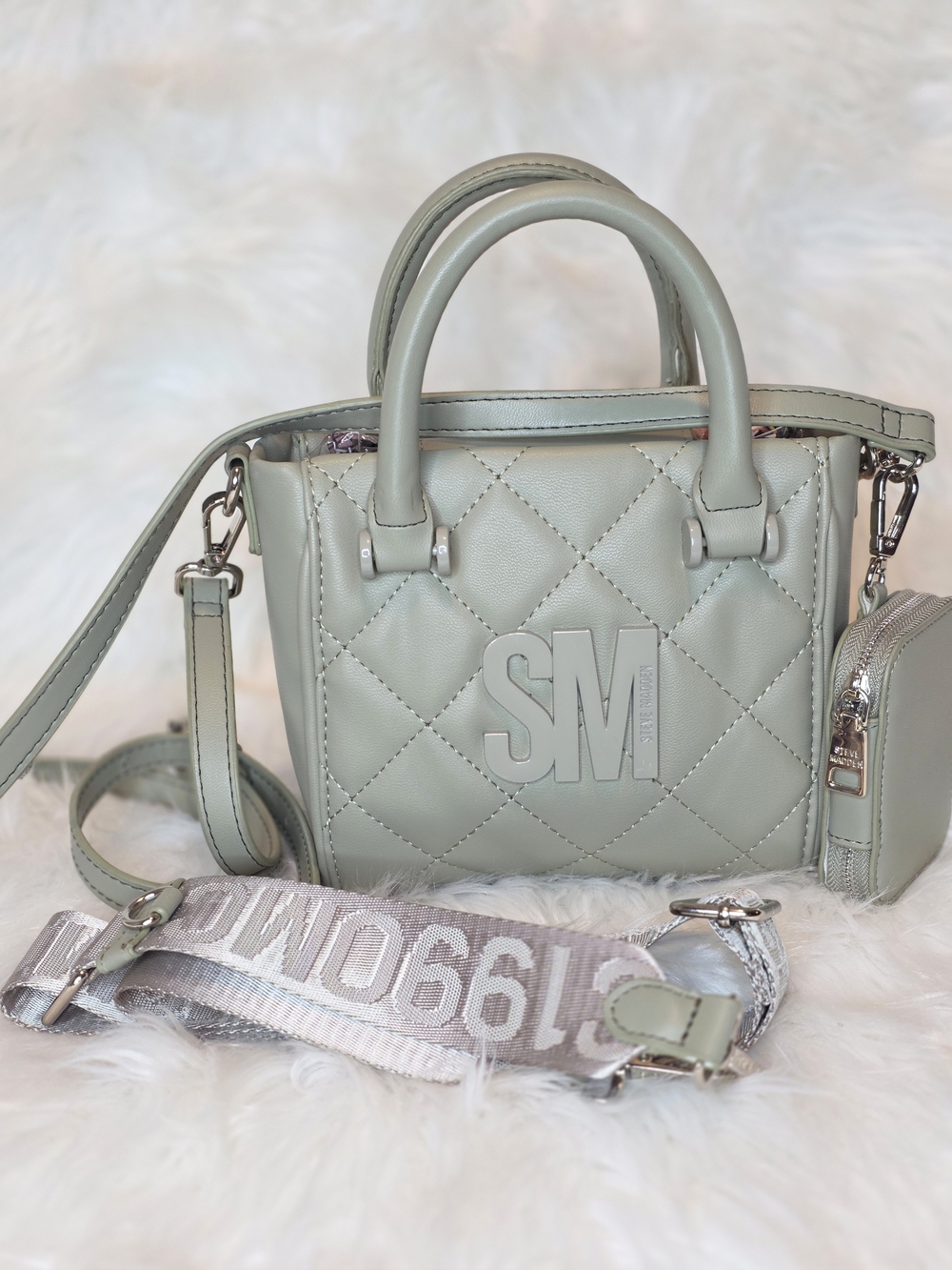 Steve Madden LE BBABI Quilted Mini Satchel/Crossbody  Bag in Sage Green.